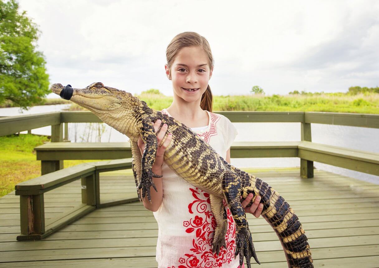 fille tenant un crocodile a proximite des everglades de floride