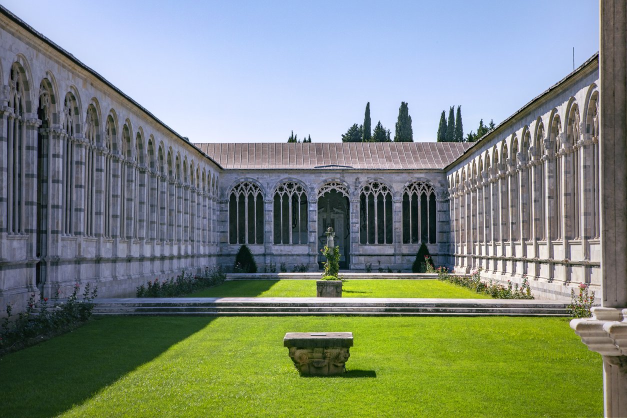 View from gallery on internal garden patio, Camposanto Monumentale di Pisa. Monumental Cemetery, Interior courtyard.