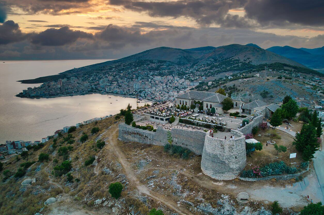 Sarande Albania. City of Sarande in southern Albania before the sunset overlooking from the castle at the top of the hill.