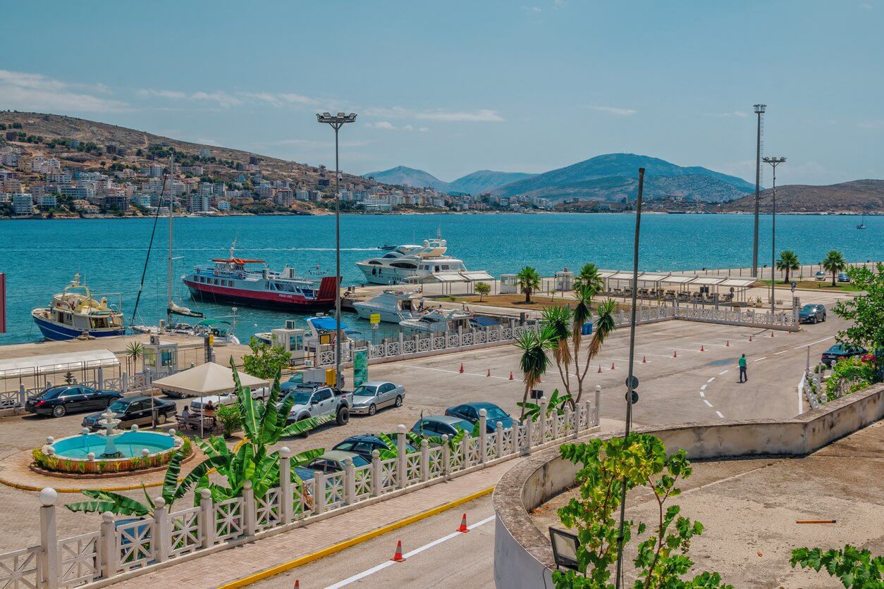 View of city harbor in Saranda, Albania