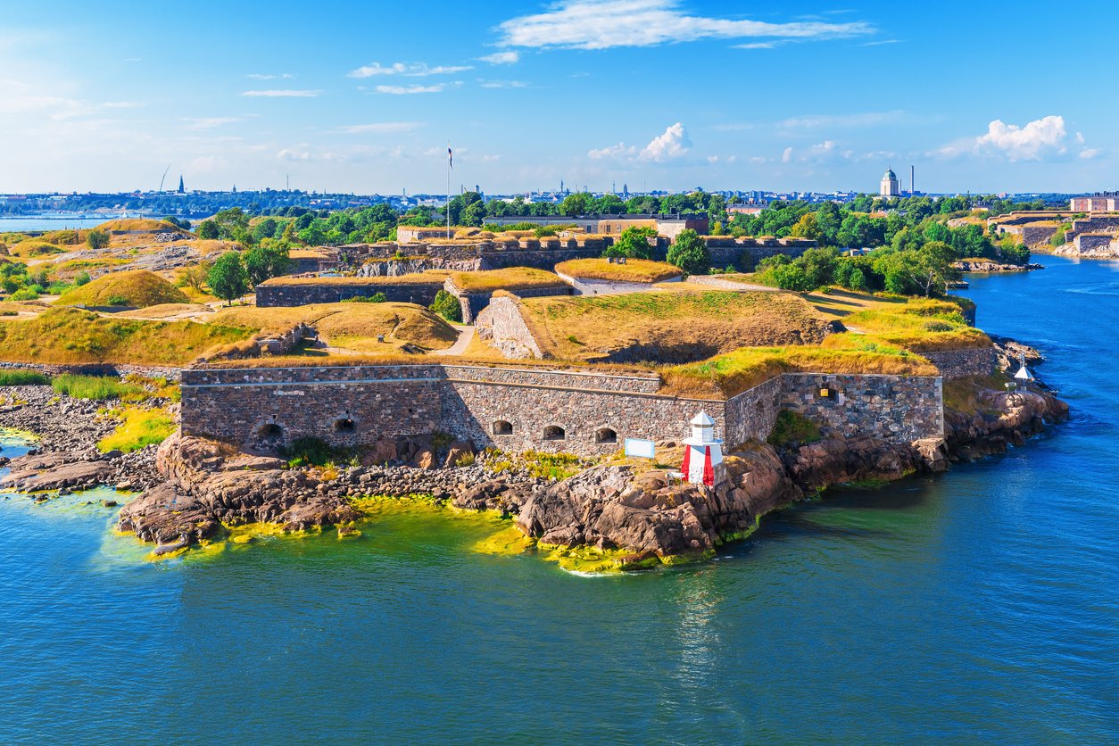 An aerial view of Suomenlinna Fortress in Helsinki, Finland