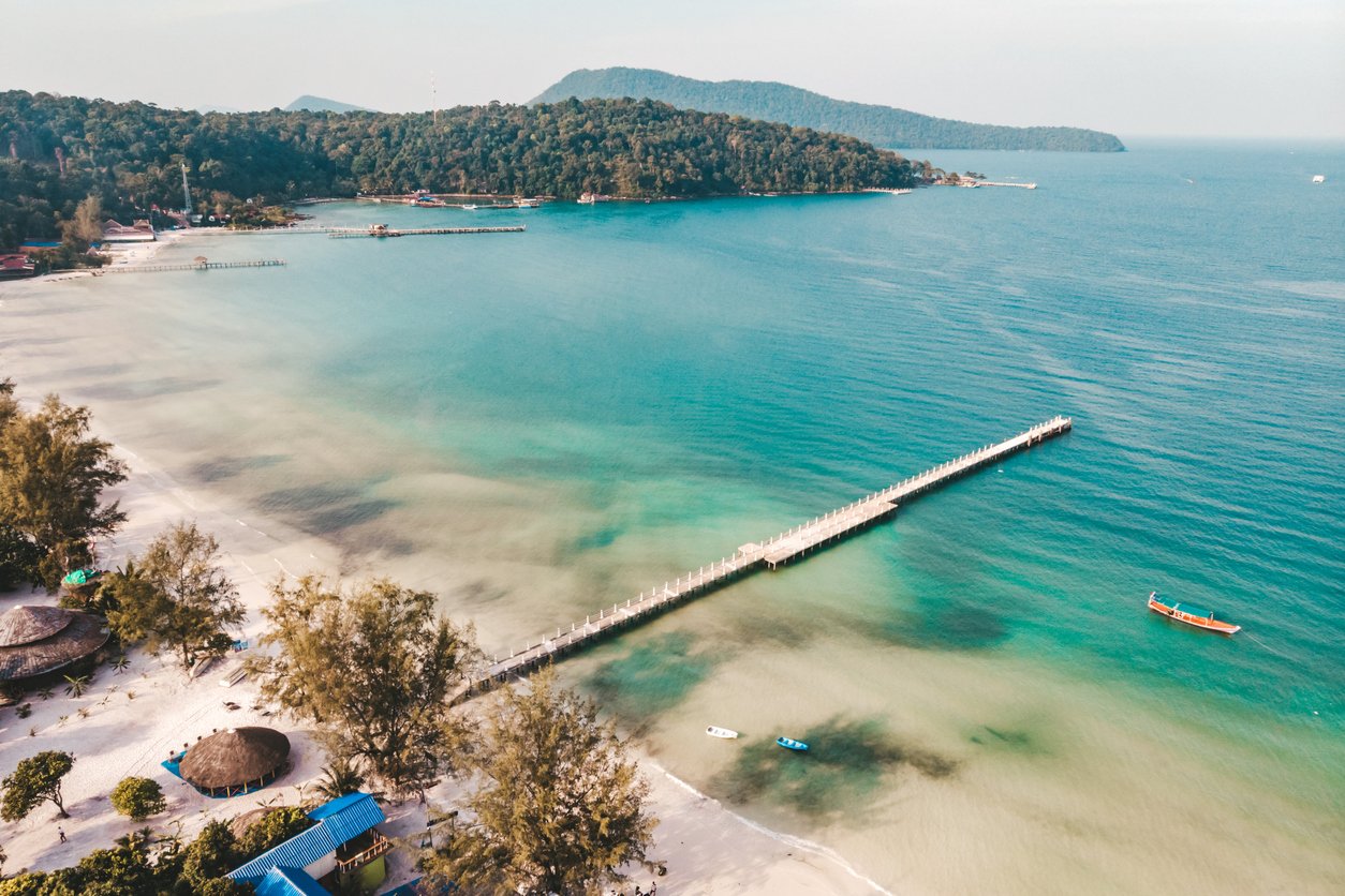 island Koh Rong Samloem, Sihanoukville, Pier on the beach of Koh Rong Samloem island in Cambodia in paradise island Villa Koh Rong Samloem. Cambodia.