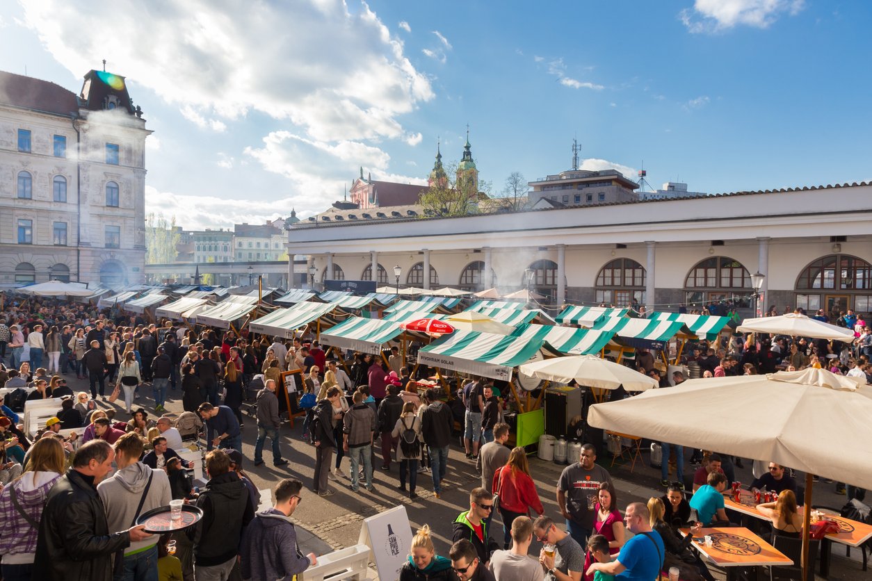People enjoing outdoor street food festival in Ljubljana, Slovenia.