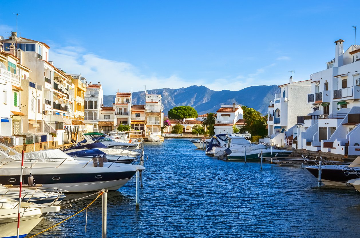 Summer panorama of Empuriabrava with yachts, boats and waterways in Costa Brava, Catalonia, Spain