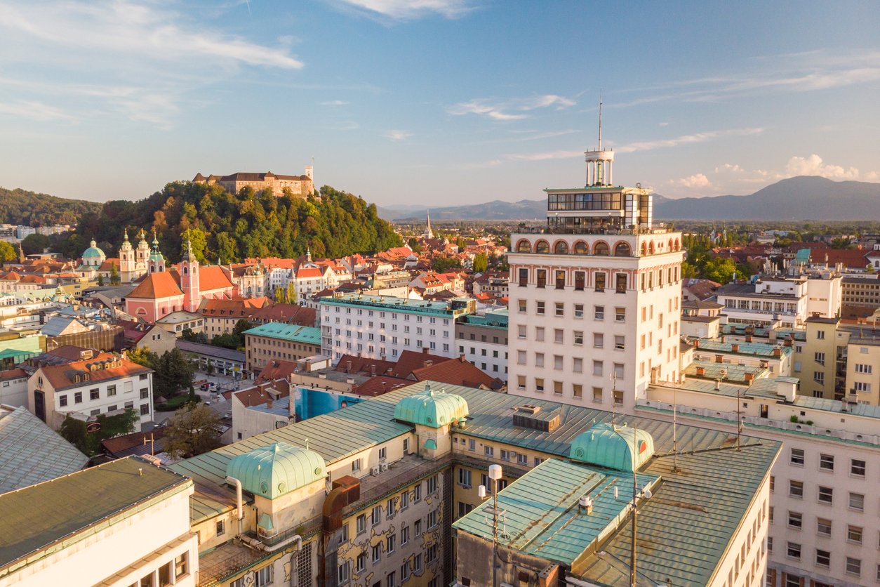 Cityscape of Ljubljana, capital of Slovenia at sunset.