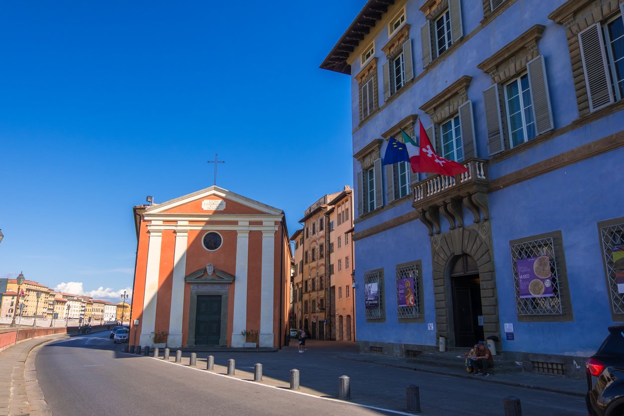 The Palazzo Blu and Parish of Saint Cristina alongside the Arno River in Pisa, Tuscany, Italy