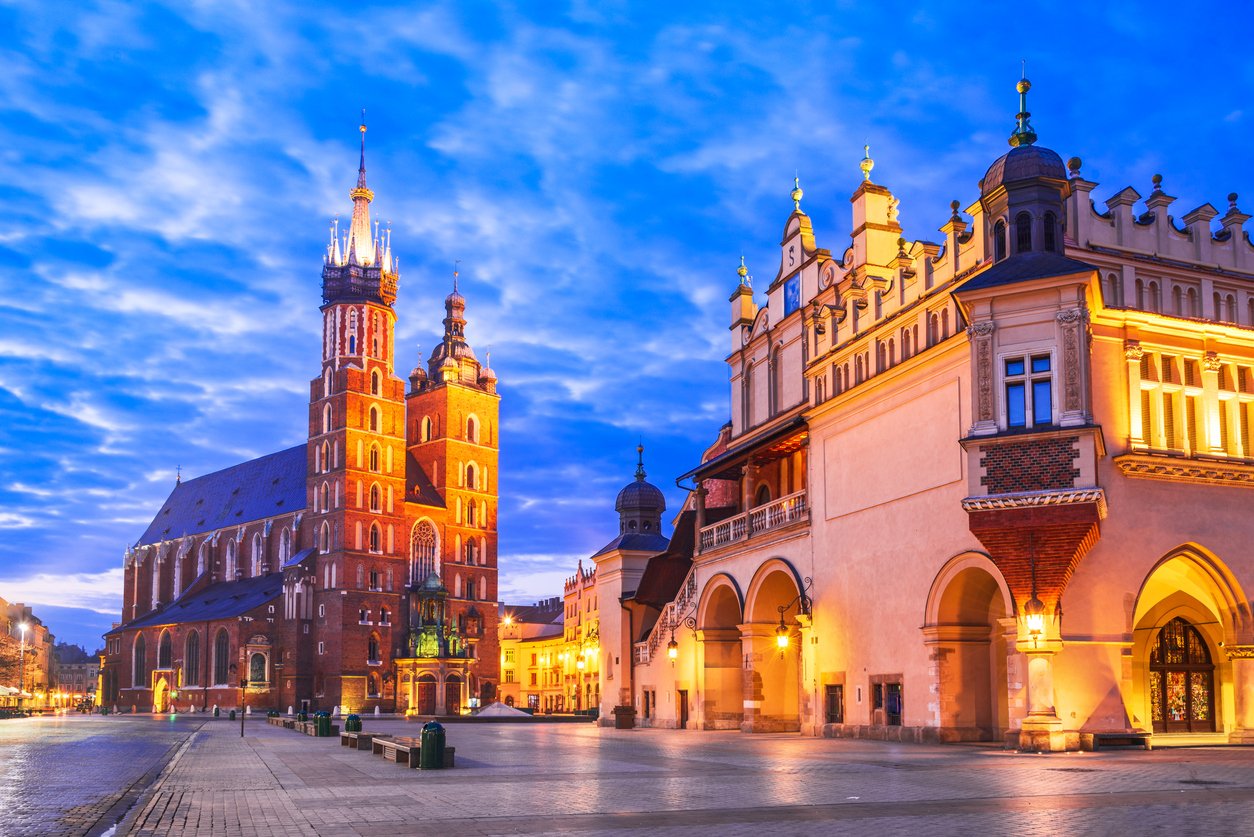 Krakow, Poland Medieval Ryenek Square, Cloth Hall and Cathedral
