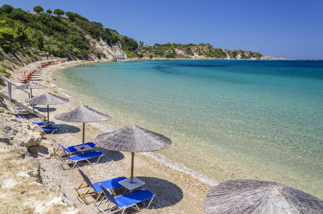 Beautiful Porto Roma sandy beach. It is situated on Vassilikos peninsula on the south east coast of Zakynthos island, Greece.