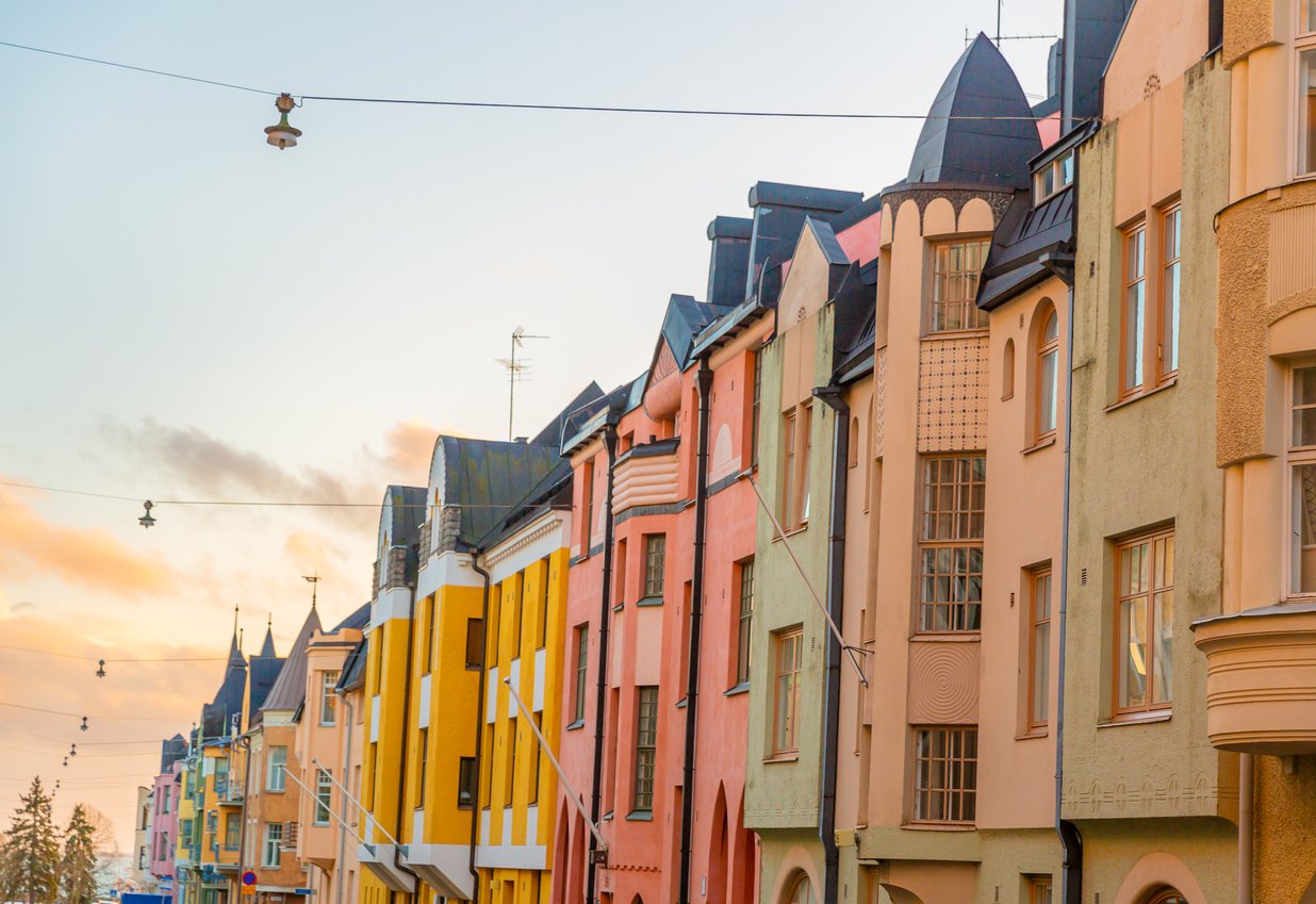 Multicolored facades of buildings in Helsinki, the capital of Finland, the traditional Scandinavian architecture