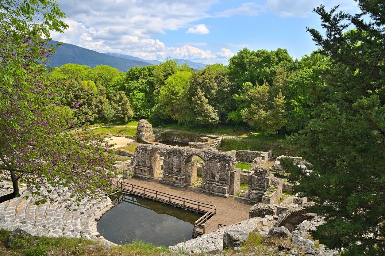 The ruins of Butrint Ancient Theatre around noon