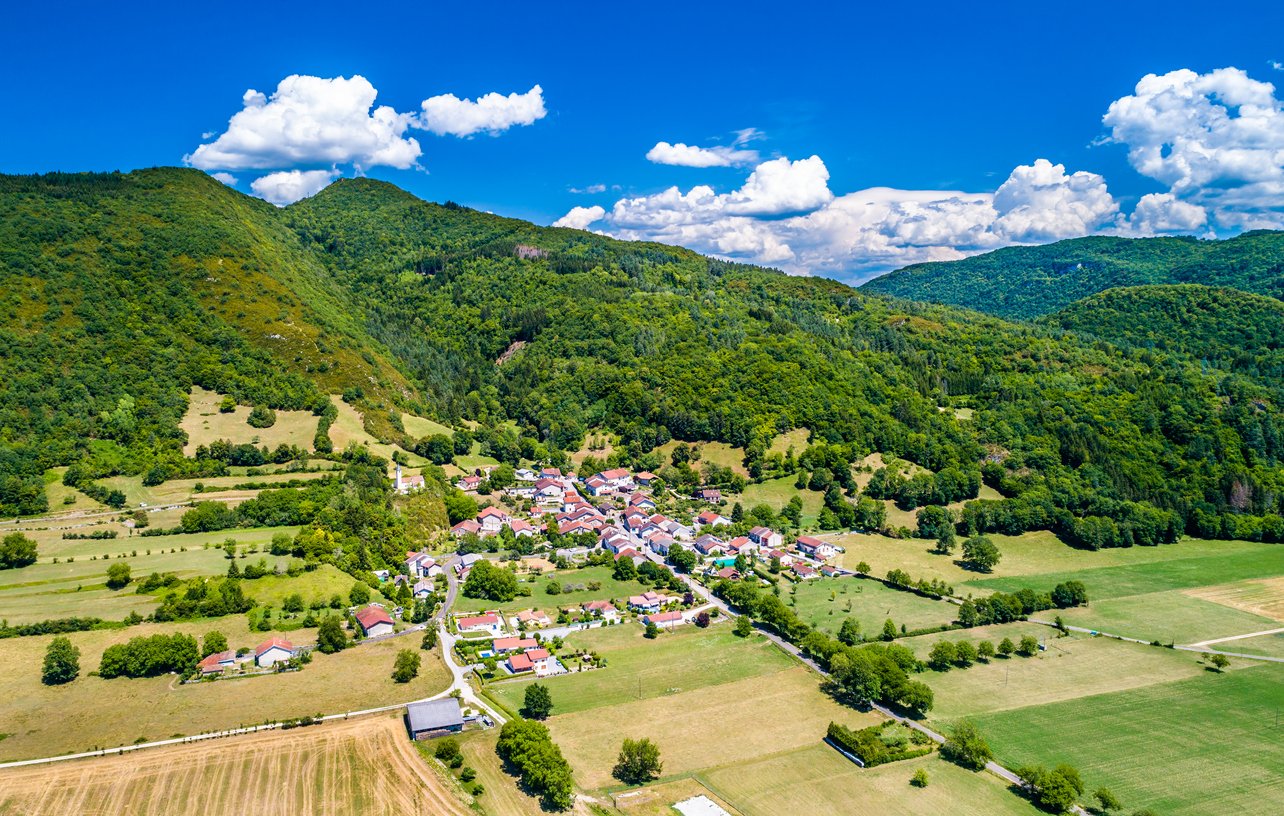 Aerial view of Coisia, a village in the Jura department of France