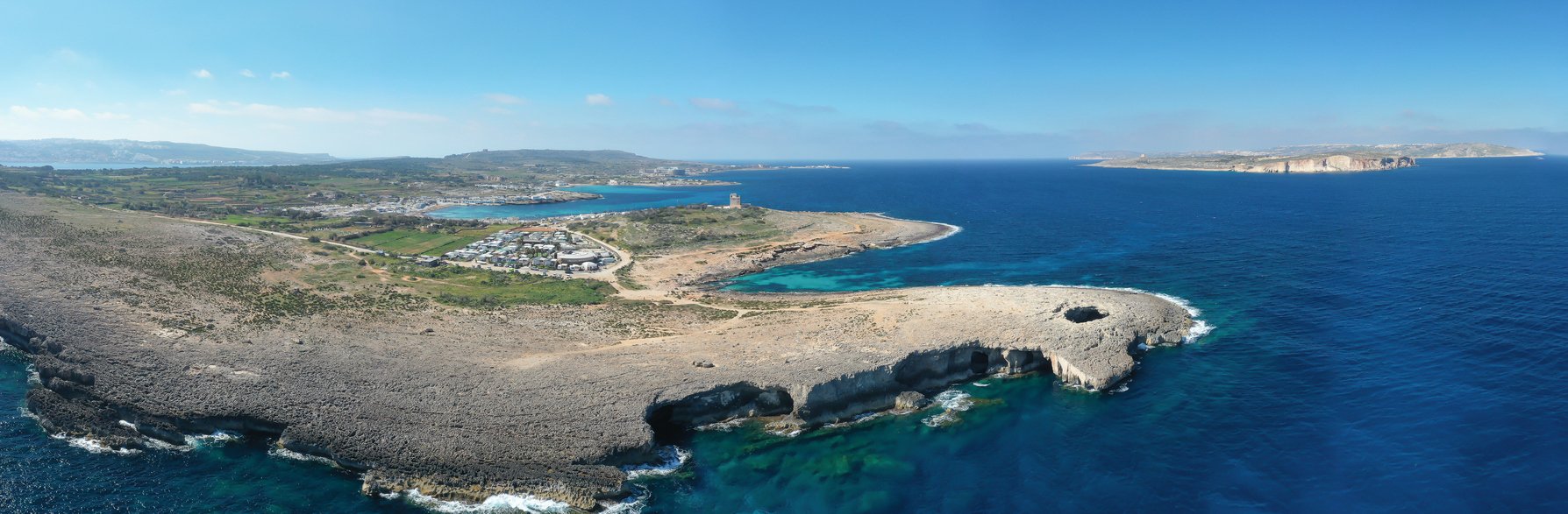 Coral Lagoon in Mellieha of Malta island. Aerial view