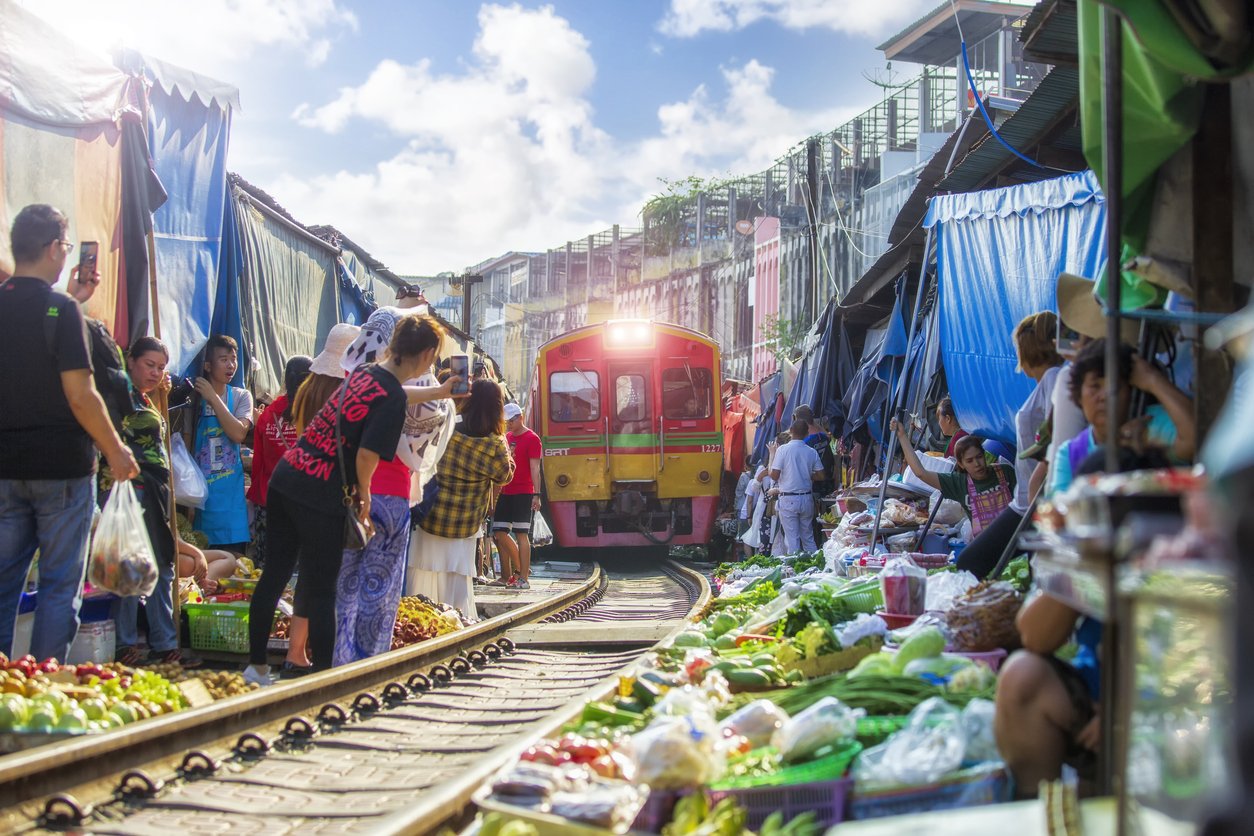 Maeklong railway market or Mae Klong market