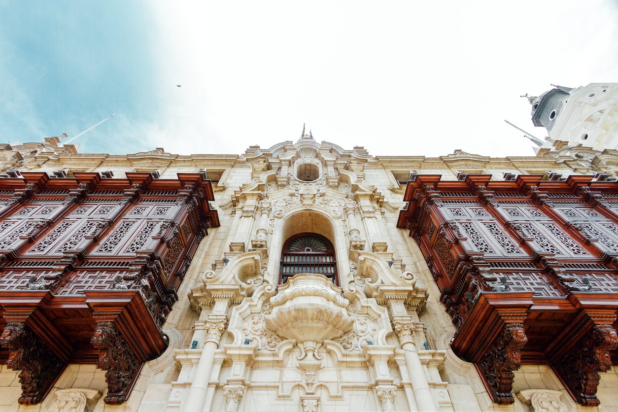 Carved wooden balconies of the archbishopric of Lima, Peru