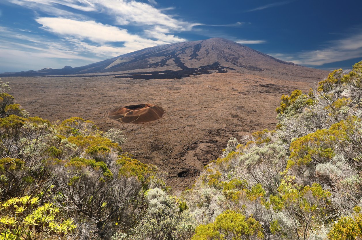 View into the Caldeira of volcano Piton de la Fournaise at island La Reunion