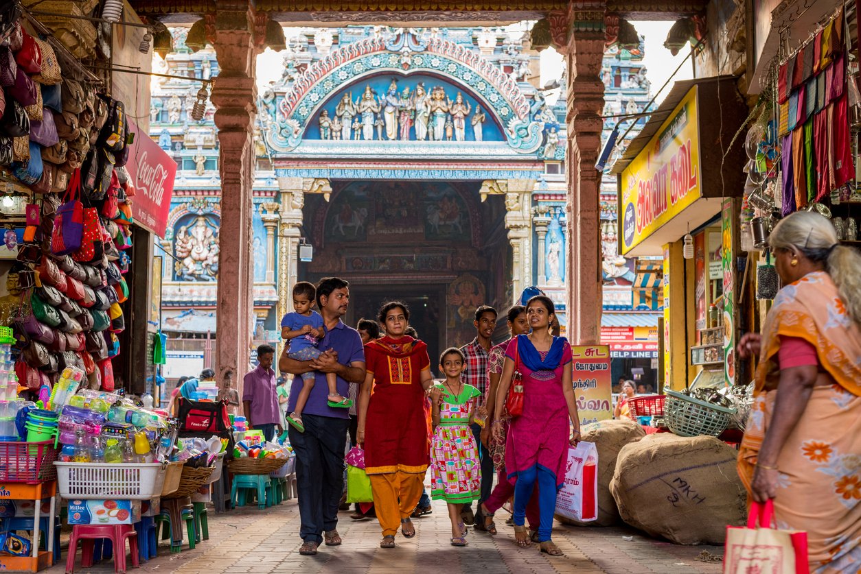 Indian family beside Meenakshi Temple Madurai, Tamil Nadu / India