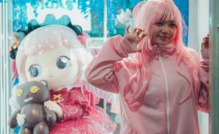 cosplay enthusiast in vibrant storefront setting