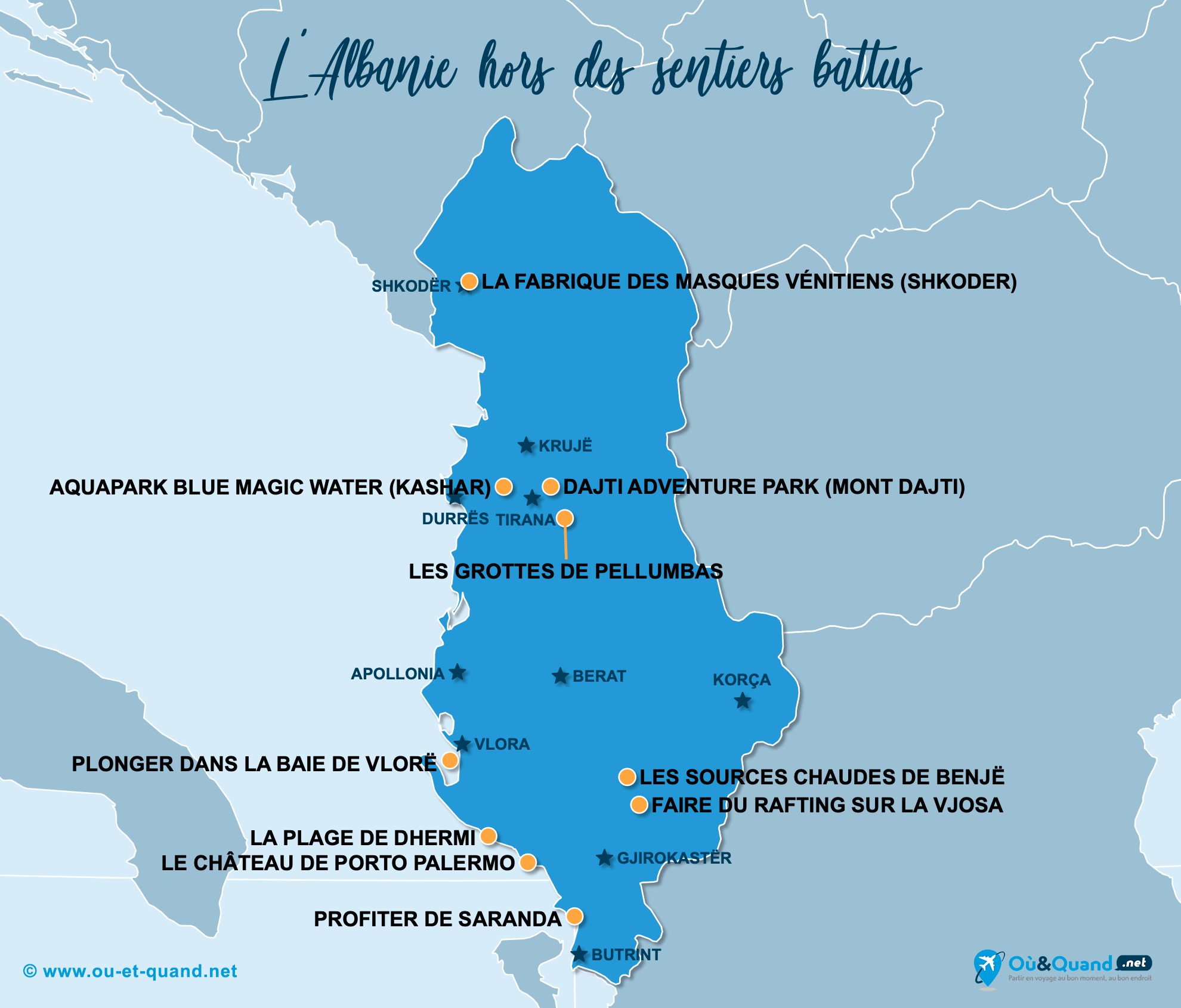 La carte des endroits en Albanie à visiter en famille