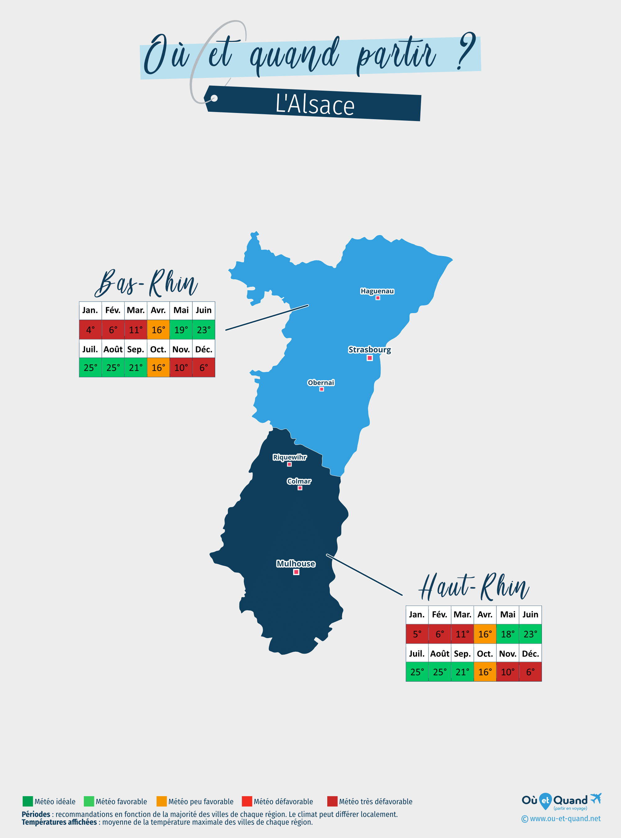 Carte des meilleures périodes pour partir en Alsace : région par région