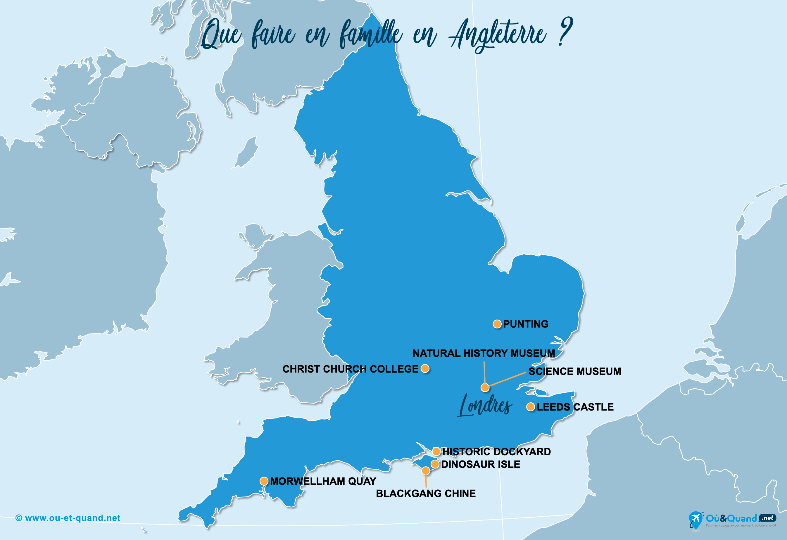 La carte des endroits en Angleterre à visiter en famille