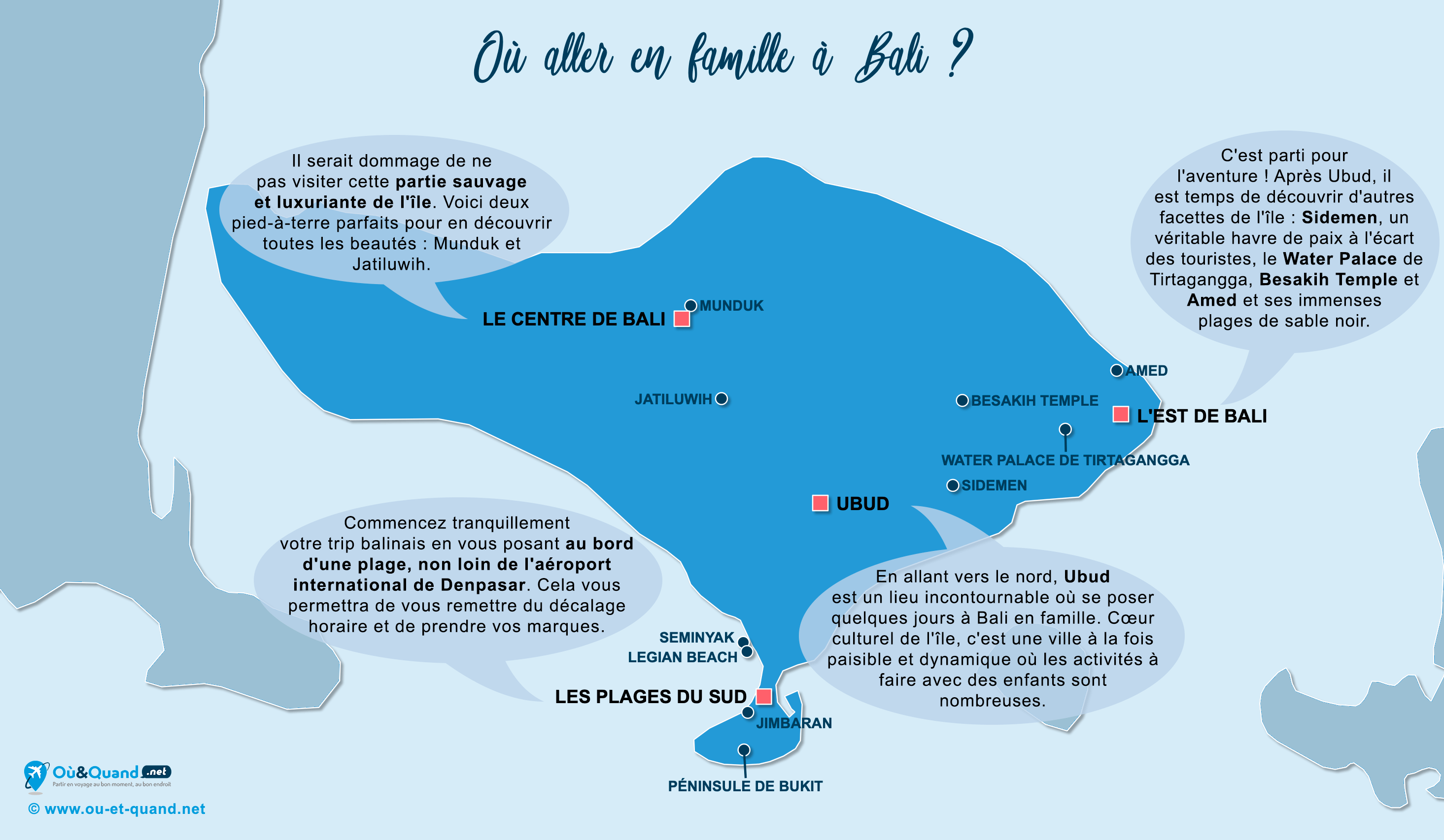 La carte des endroits à Bali où aller en vacances en famille