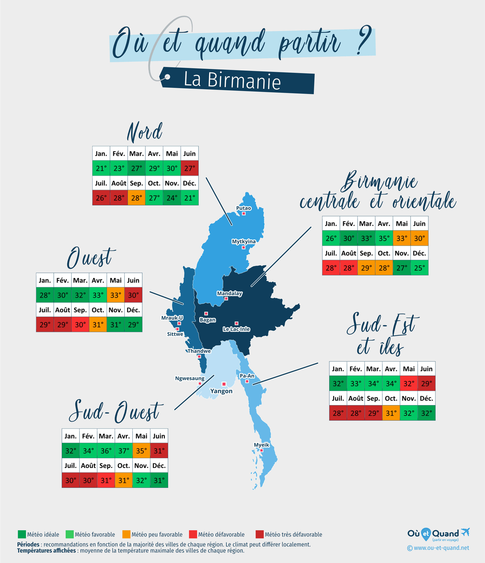 Carte des meilleures périodes pour partir en Birmanie (Myanmar) : région par région