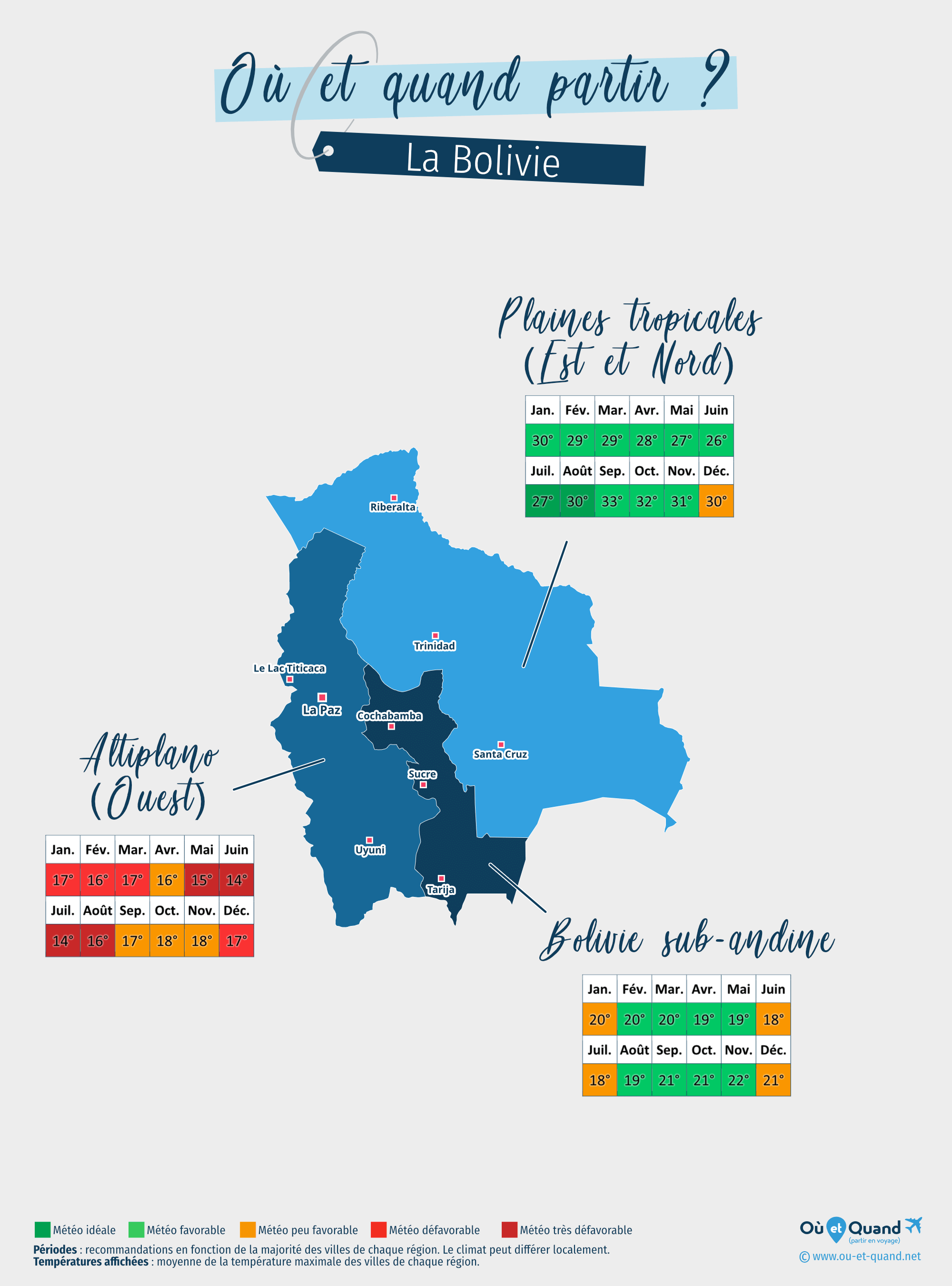 Carte des meilleures périodes pour partir en Bolivie : région par région