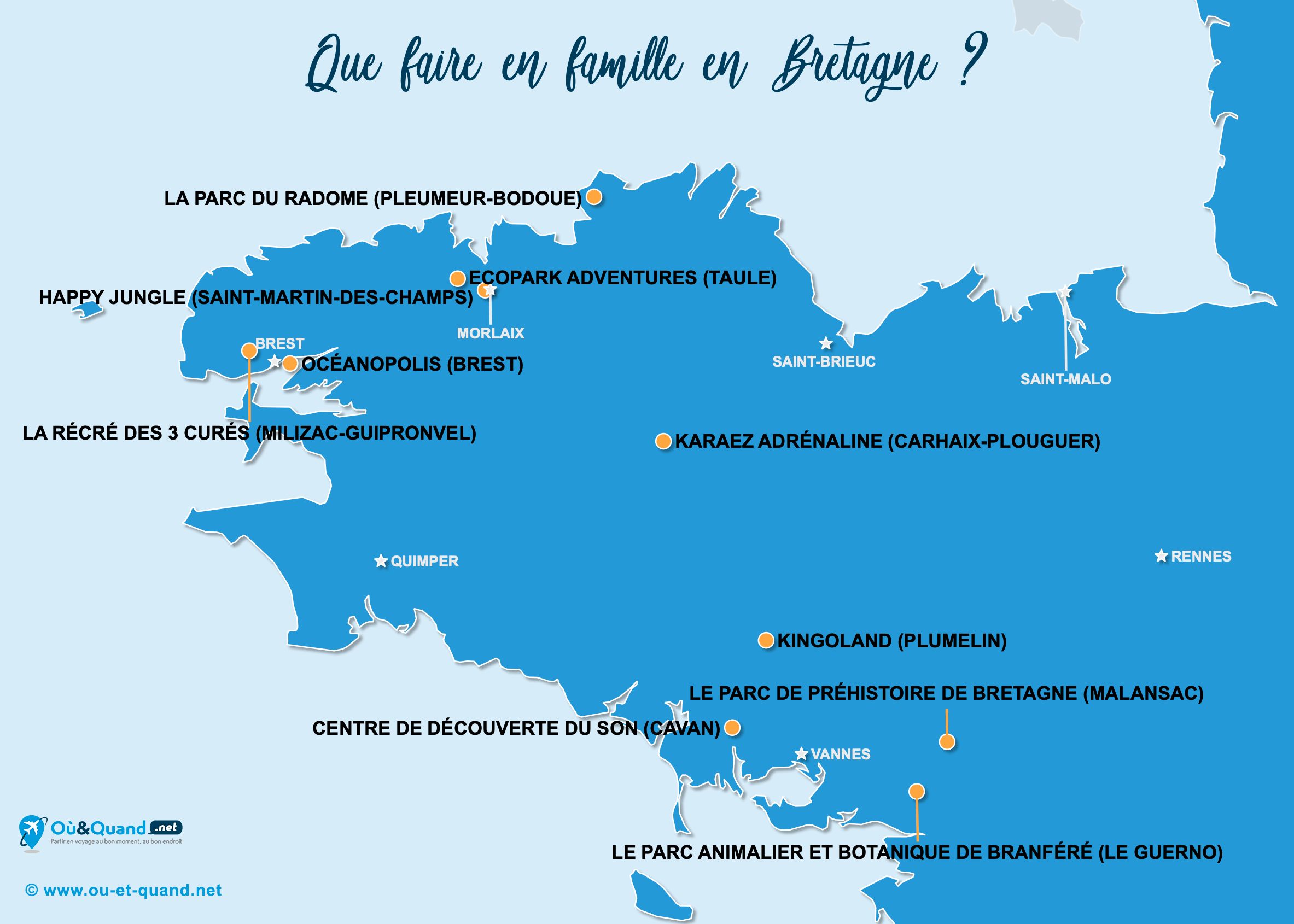 La carte des endroits en Bretagne à visiter en famille