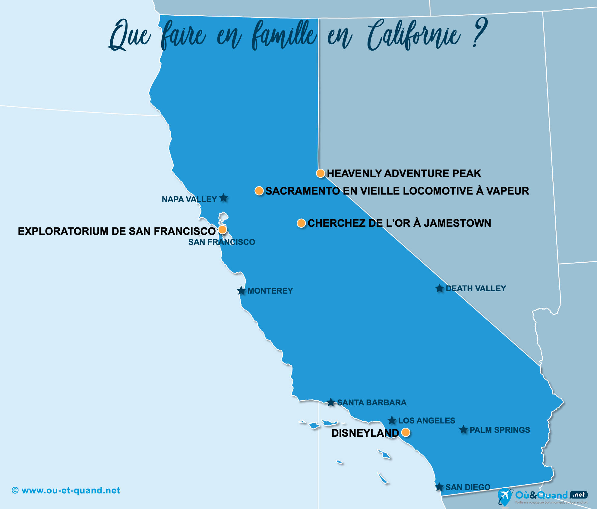 La carte des endroits en Californie à visiter en famille