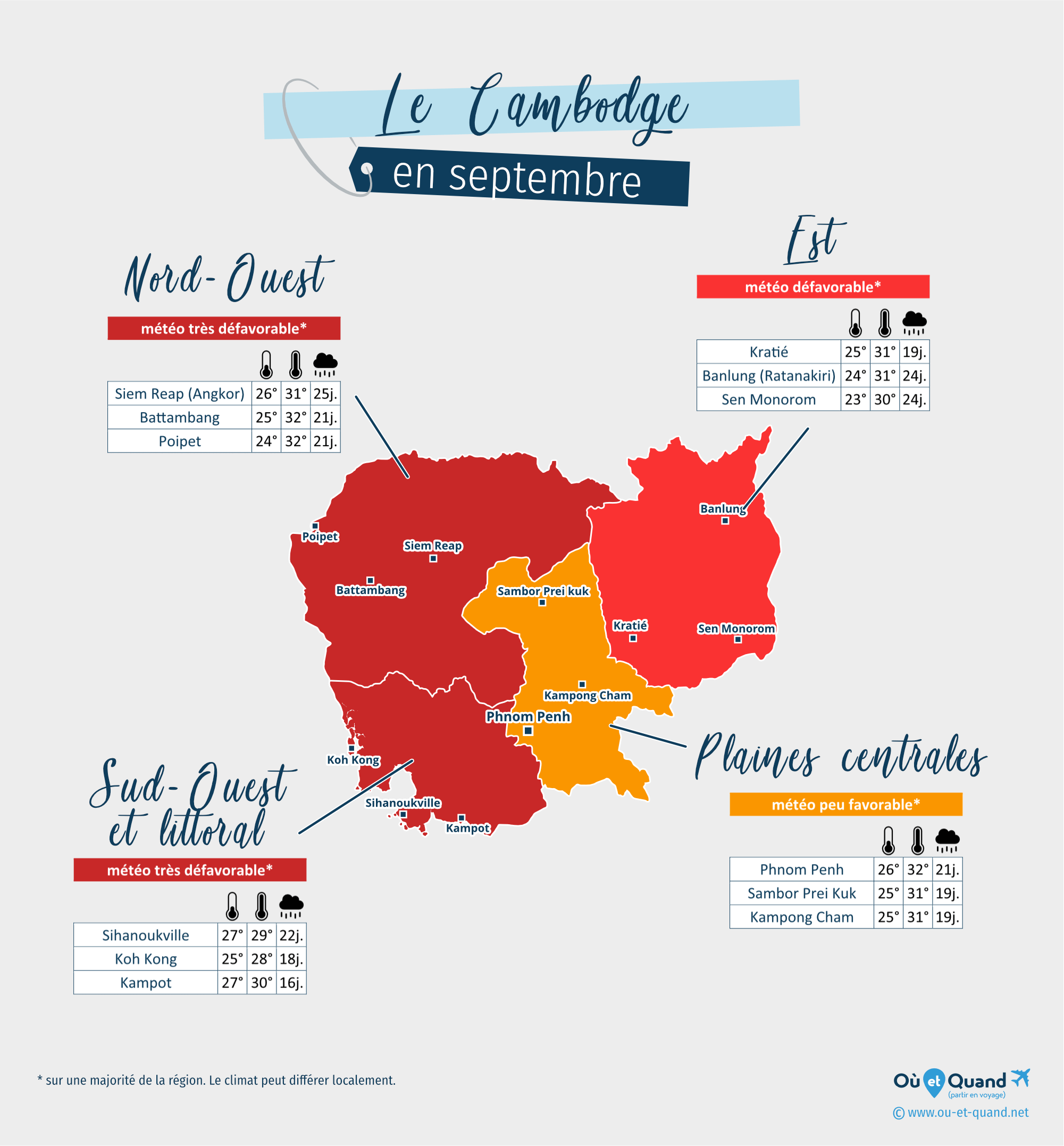 Carte de la météo en septembre dans les régions du Cambodge