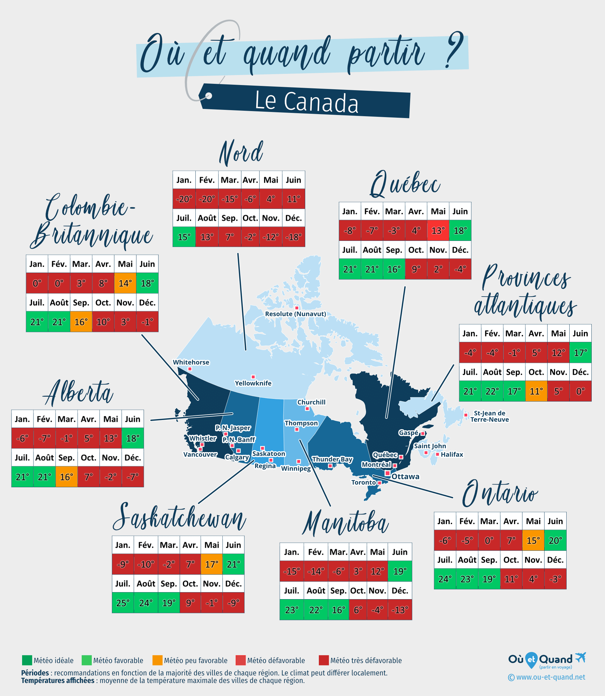 Carte des meilleures périodes pour partir au Canada : région par région