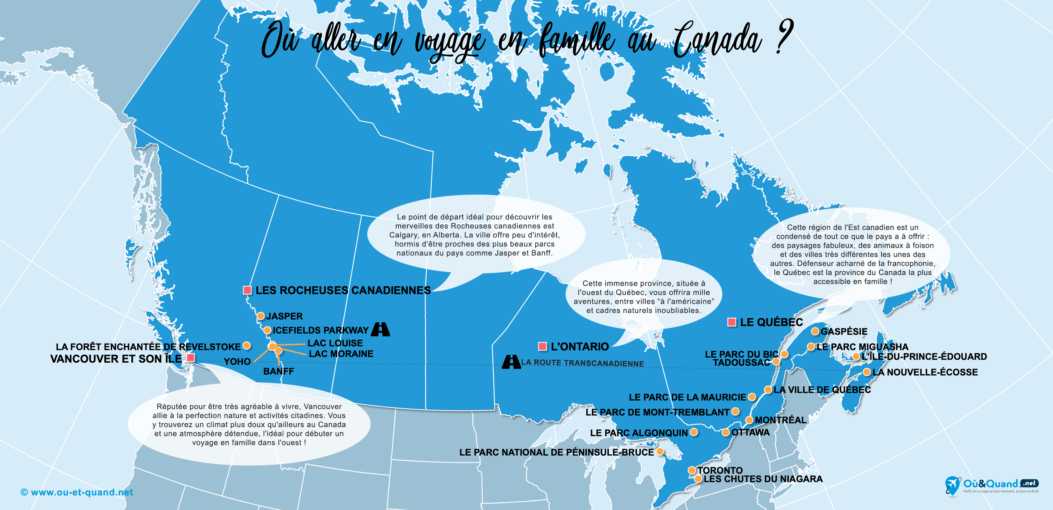 La carte des endroits au Canada où aller en voyage en famille
