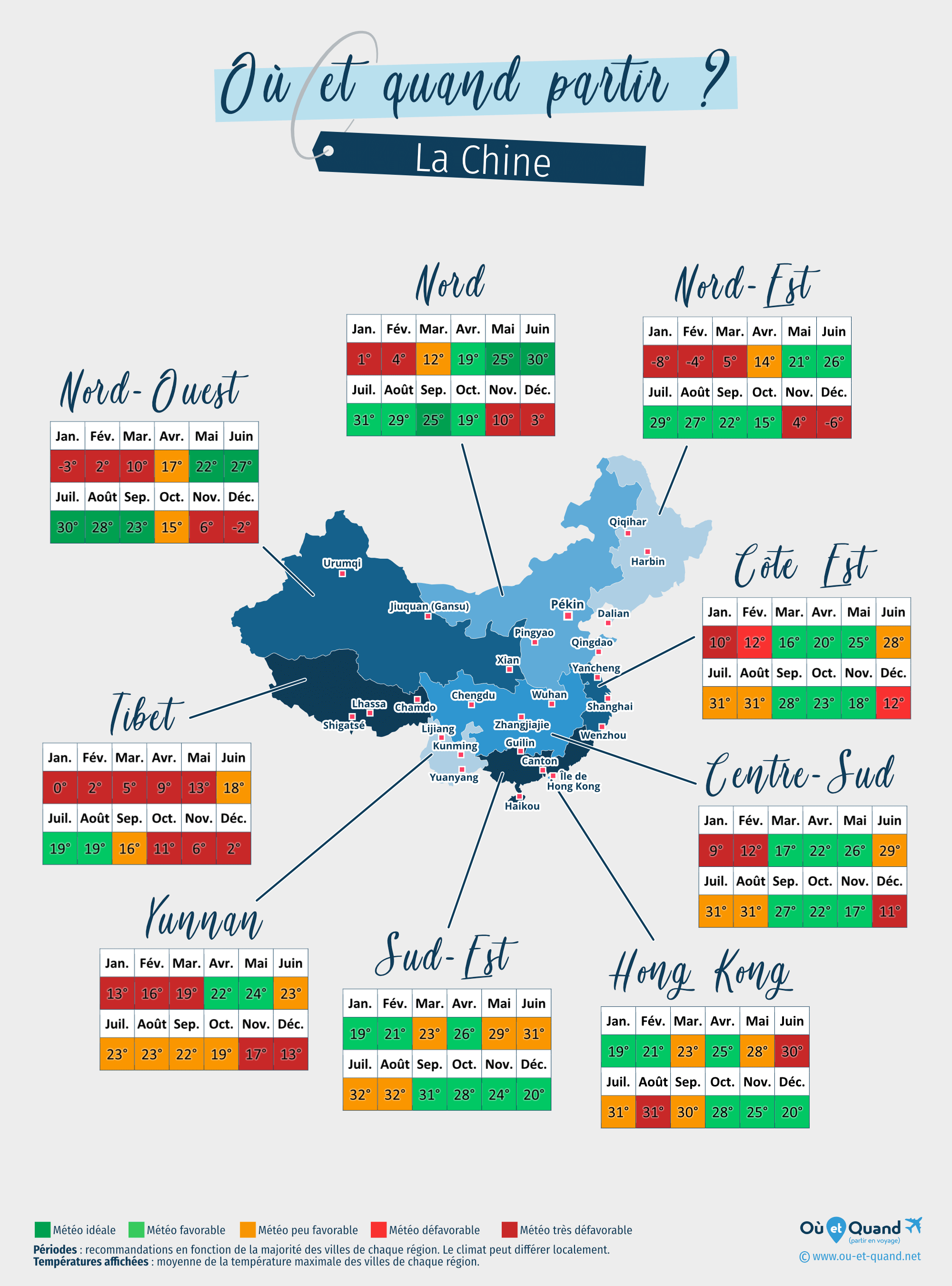 Carte des meilleures périodes pour partir en Chine : région par région
