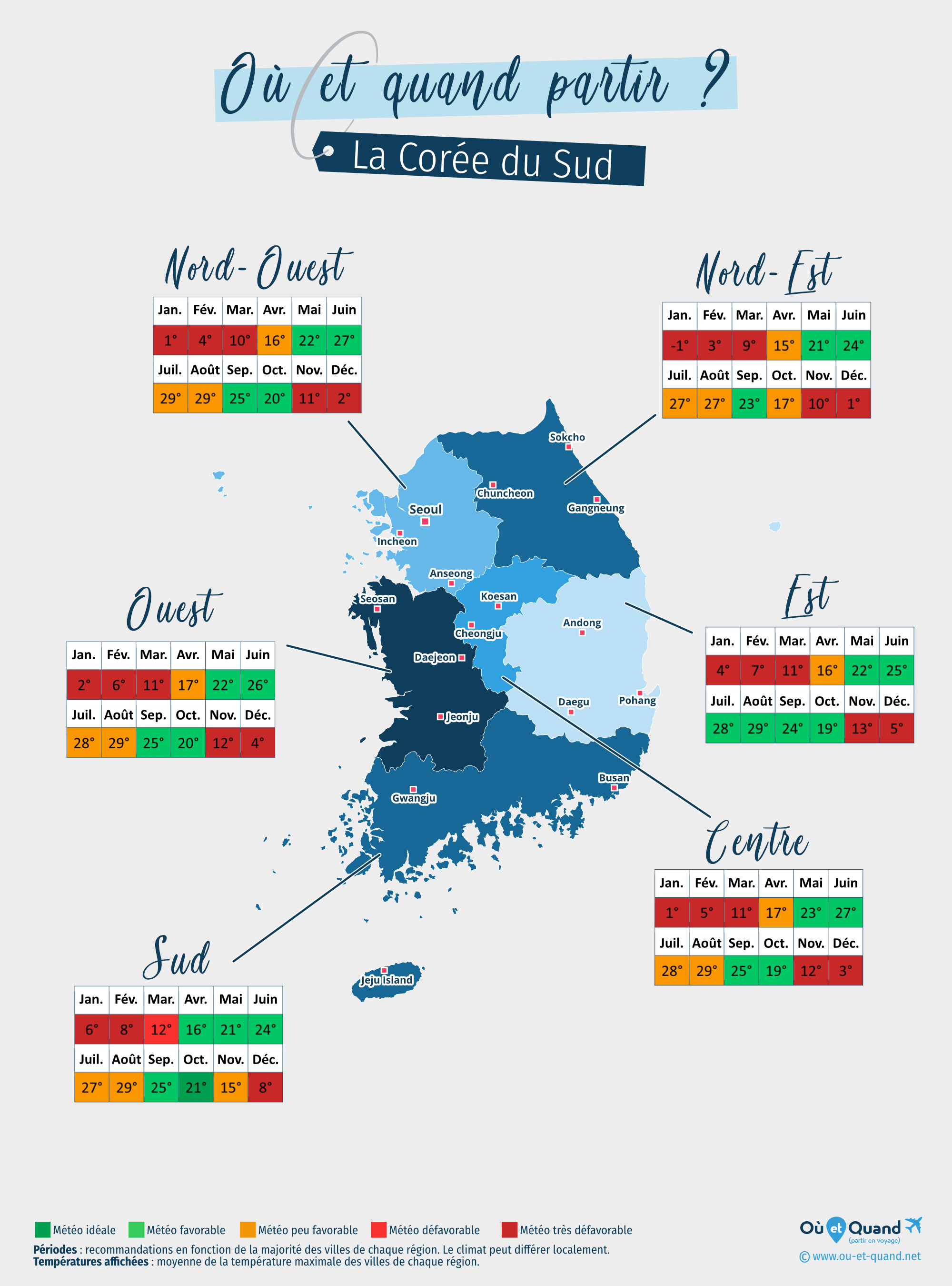 Carte des meilleures périodes pour partir en Corée du Sud : région par région