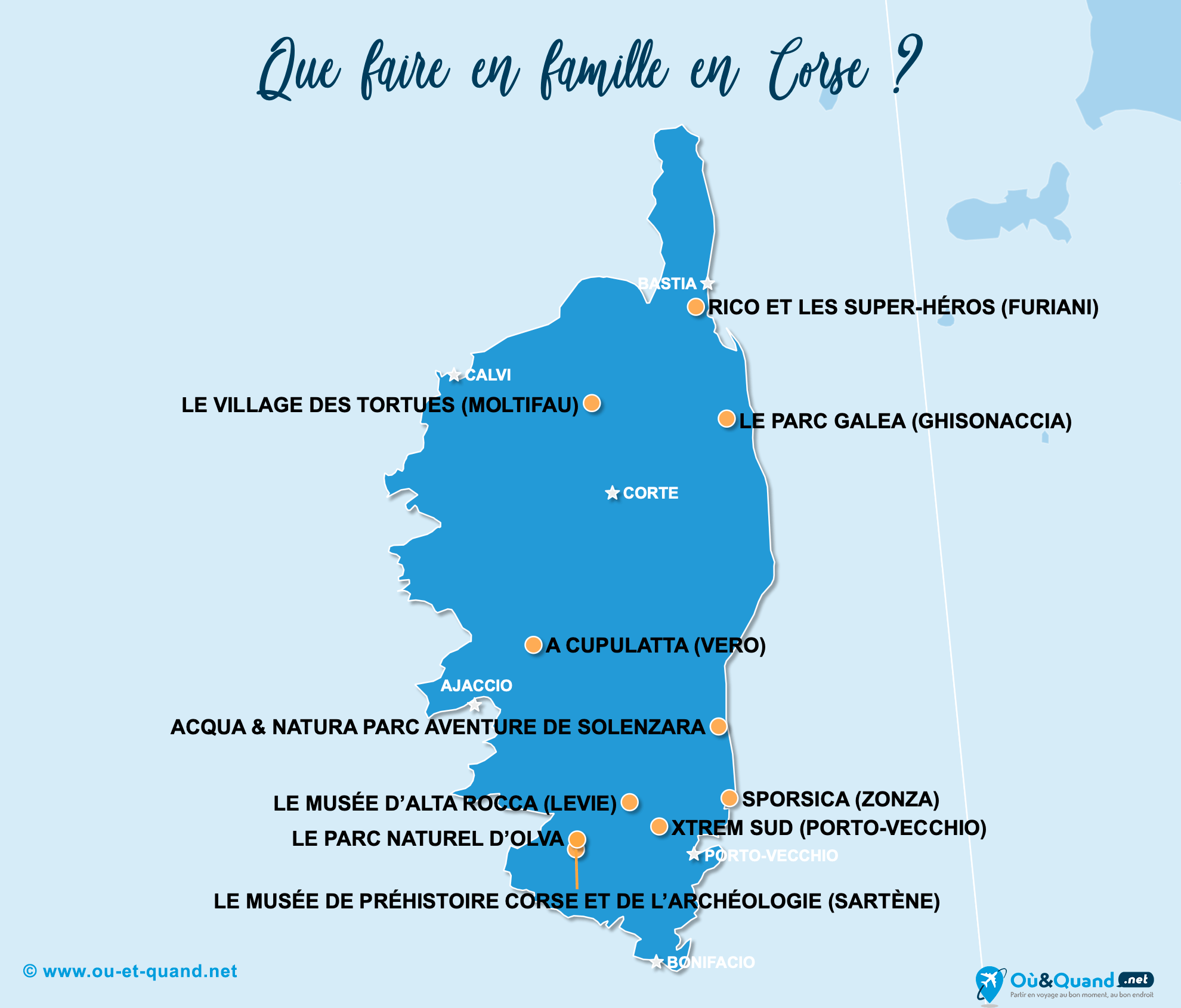 La carte des endroits en Corse à visiter en famille