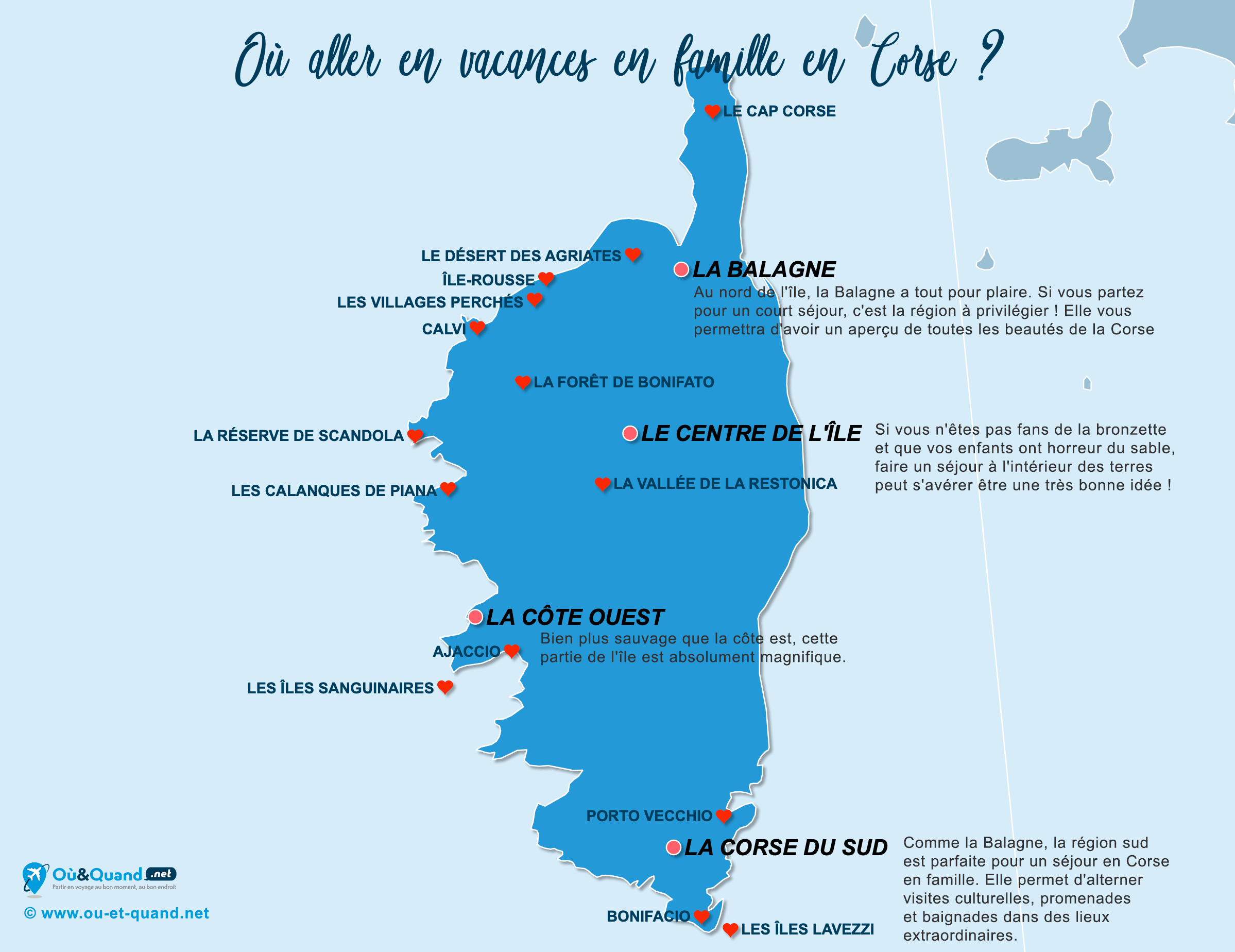 La carte des endroits en Corse où aller en vacances en famille