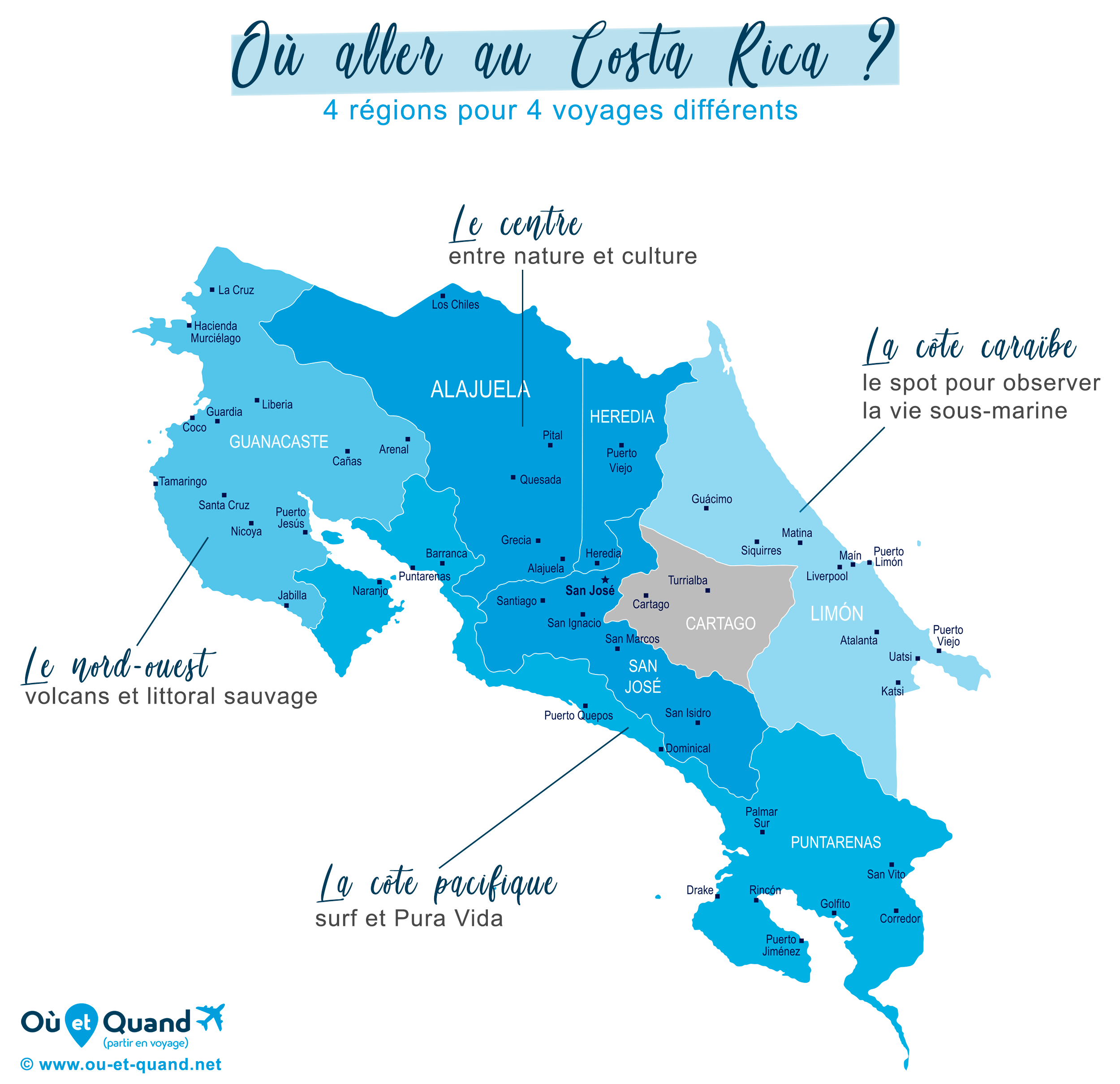 Carte des régions touristiques à visiter au Costa Rica