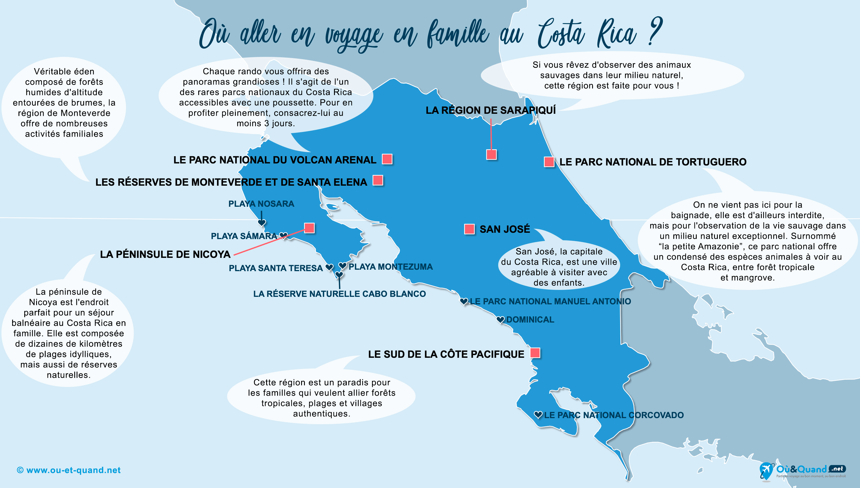 La carte des endroits au Costa Rica où aller en vacances en famille