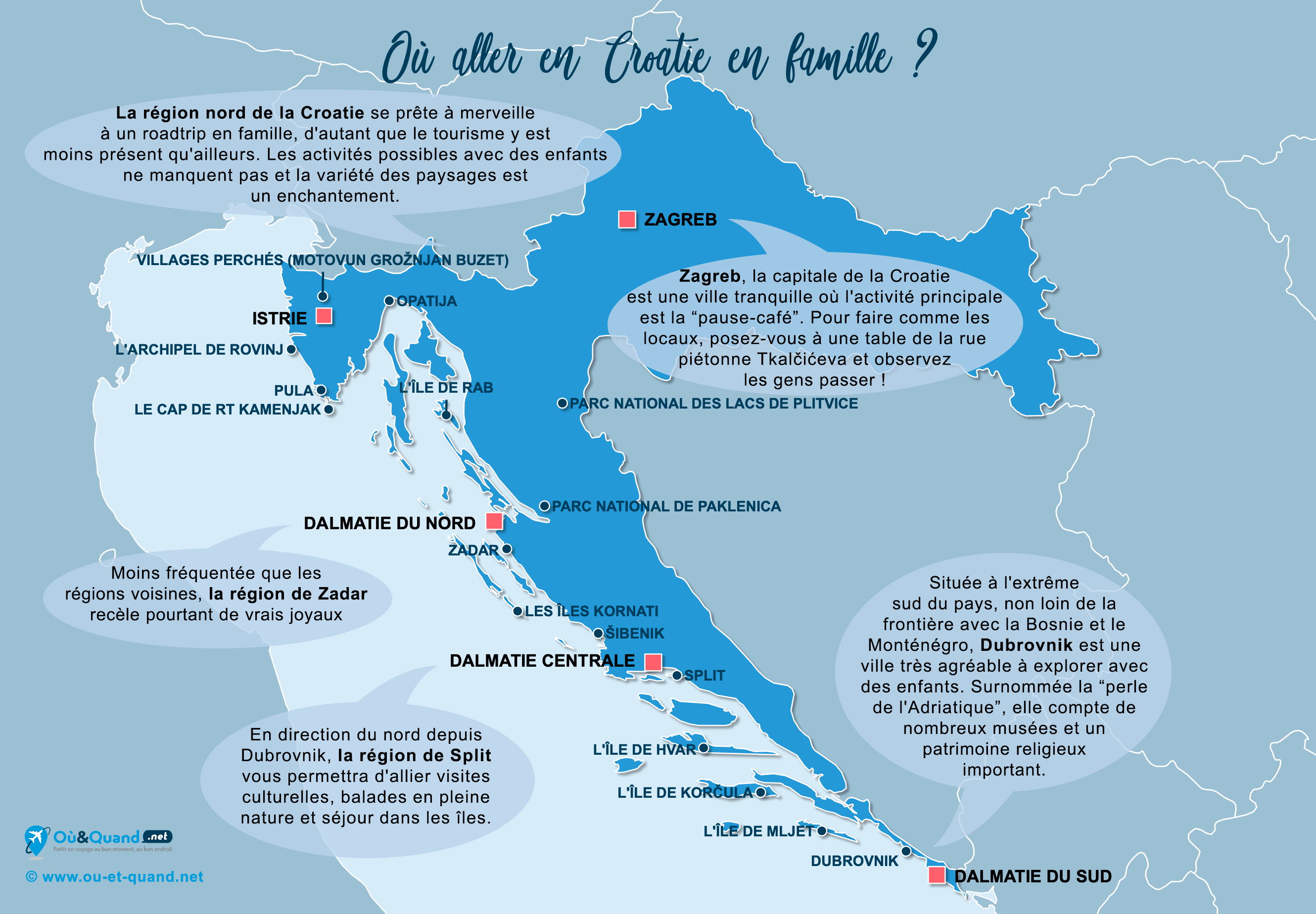 La carte des endroits en Croatie où aller en vacances en famille