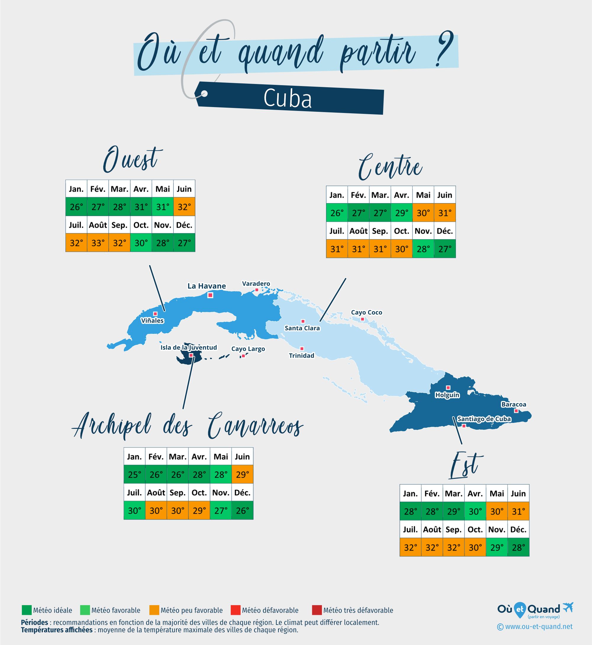 Carte des meilleures périodes pour partir à Cuba : région par région