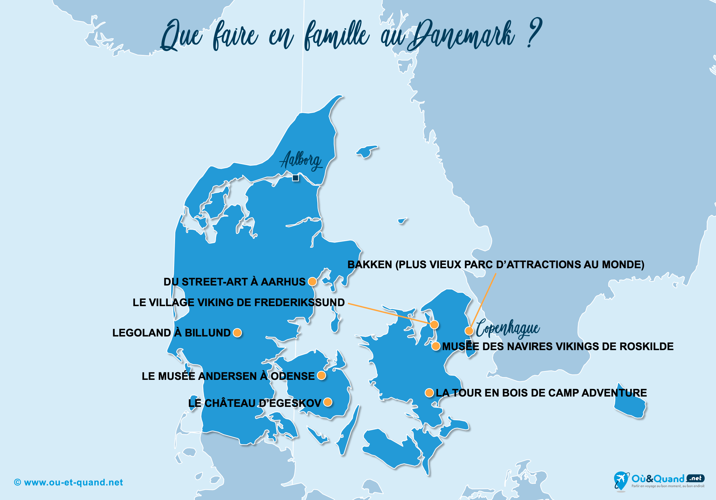 La carte des endroits au Danemark à visiter en famille