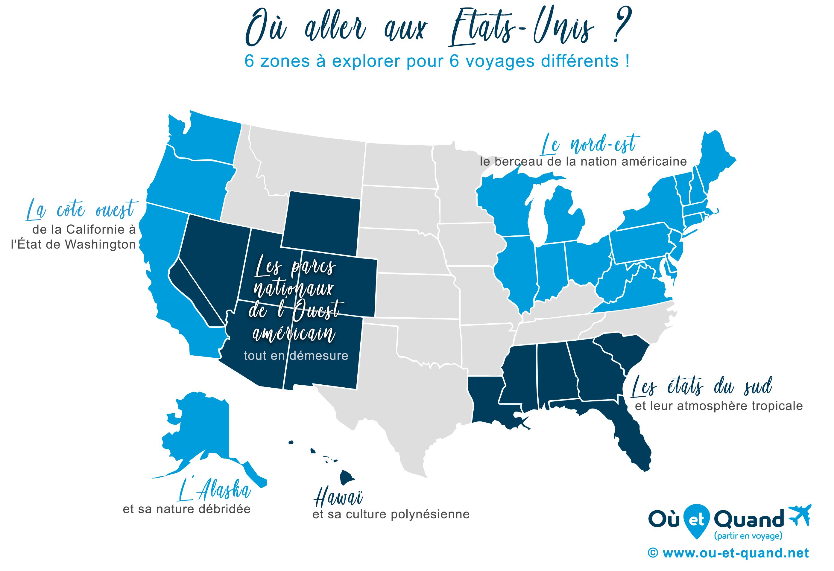Carte des endroits où aller aux Etats-Unis selon votre envie de voyage