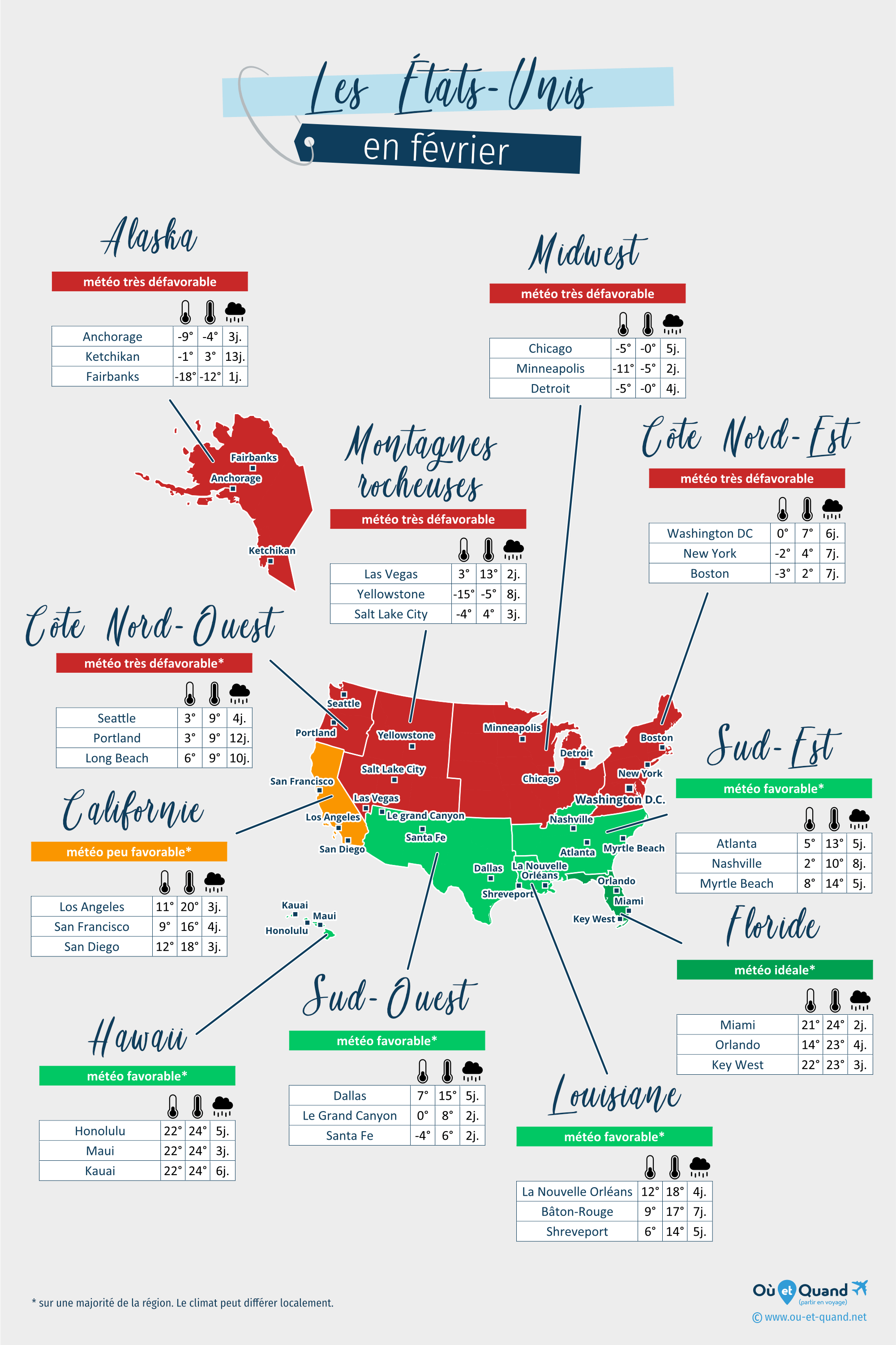 Carte de la météo en février dans les régions des États-Unis