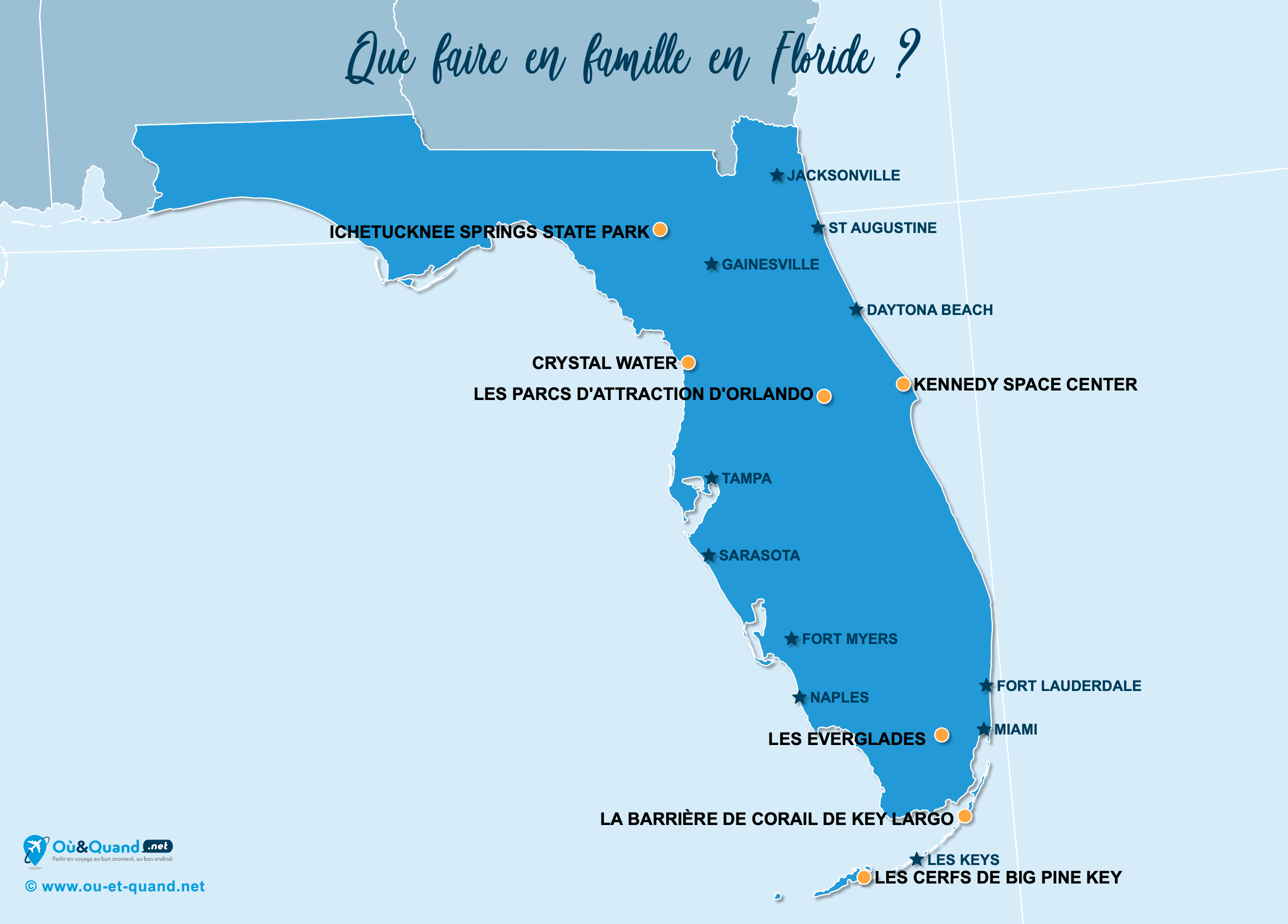 La carte des endroits en Floride à visiter en famille