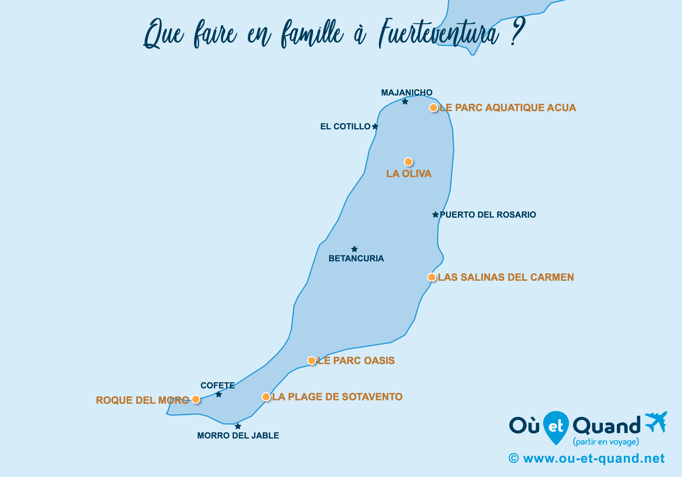 La carte des endroits à Fuerteventura à visiter en famille
