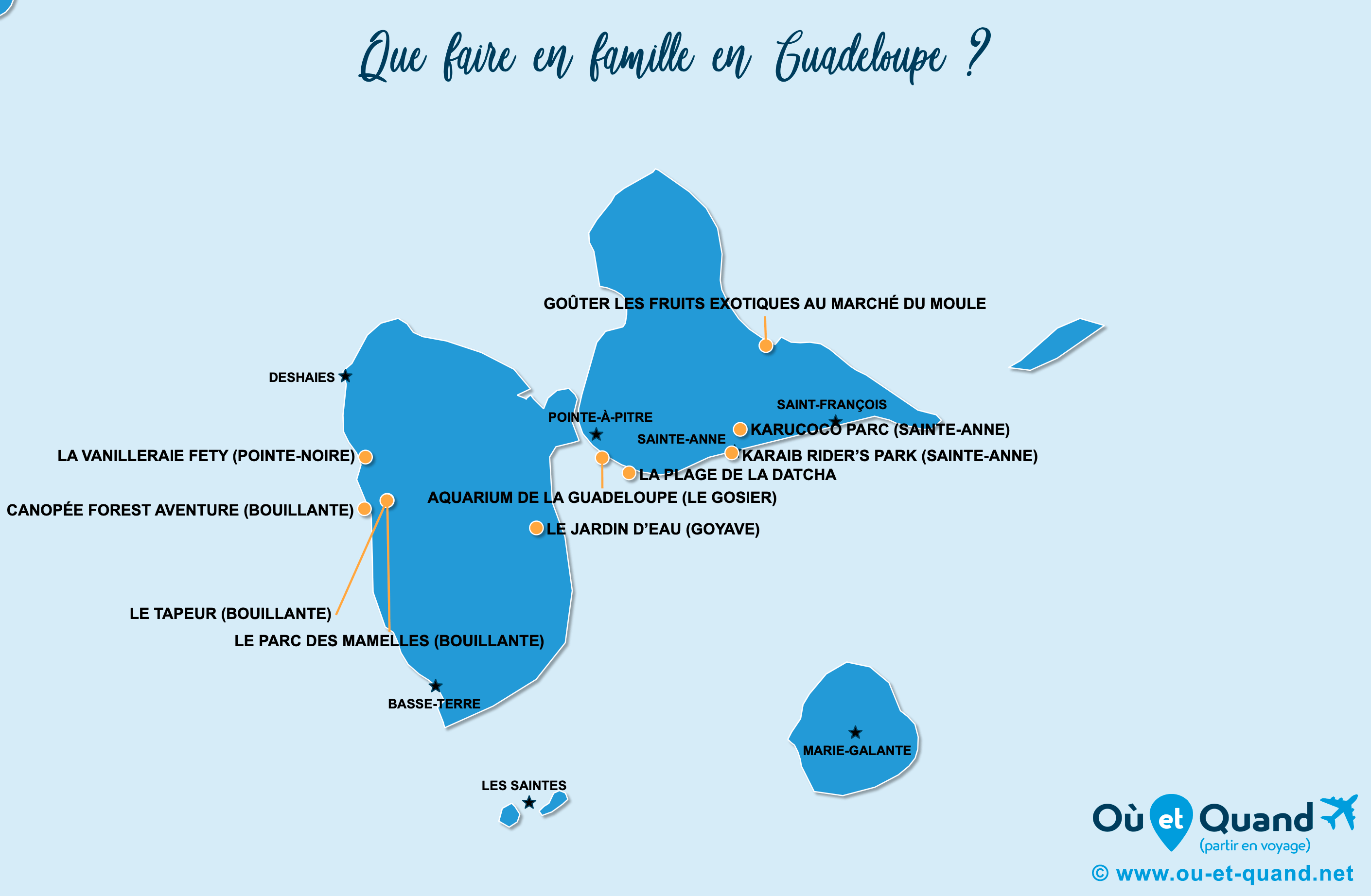 La carte des endroits en Guadeloupe à visiter en famille