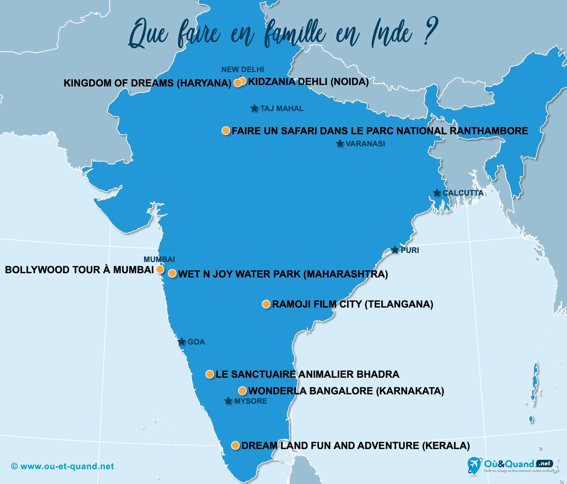 La carte des endroits en Inde à visiter en famille