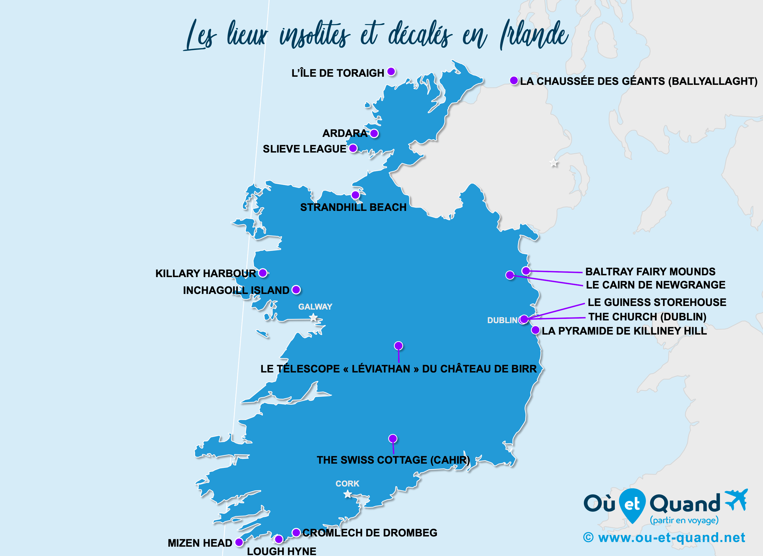 La carte des lieux insolites en Irlande (Éire)