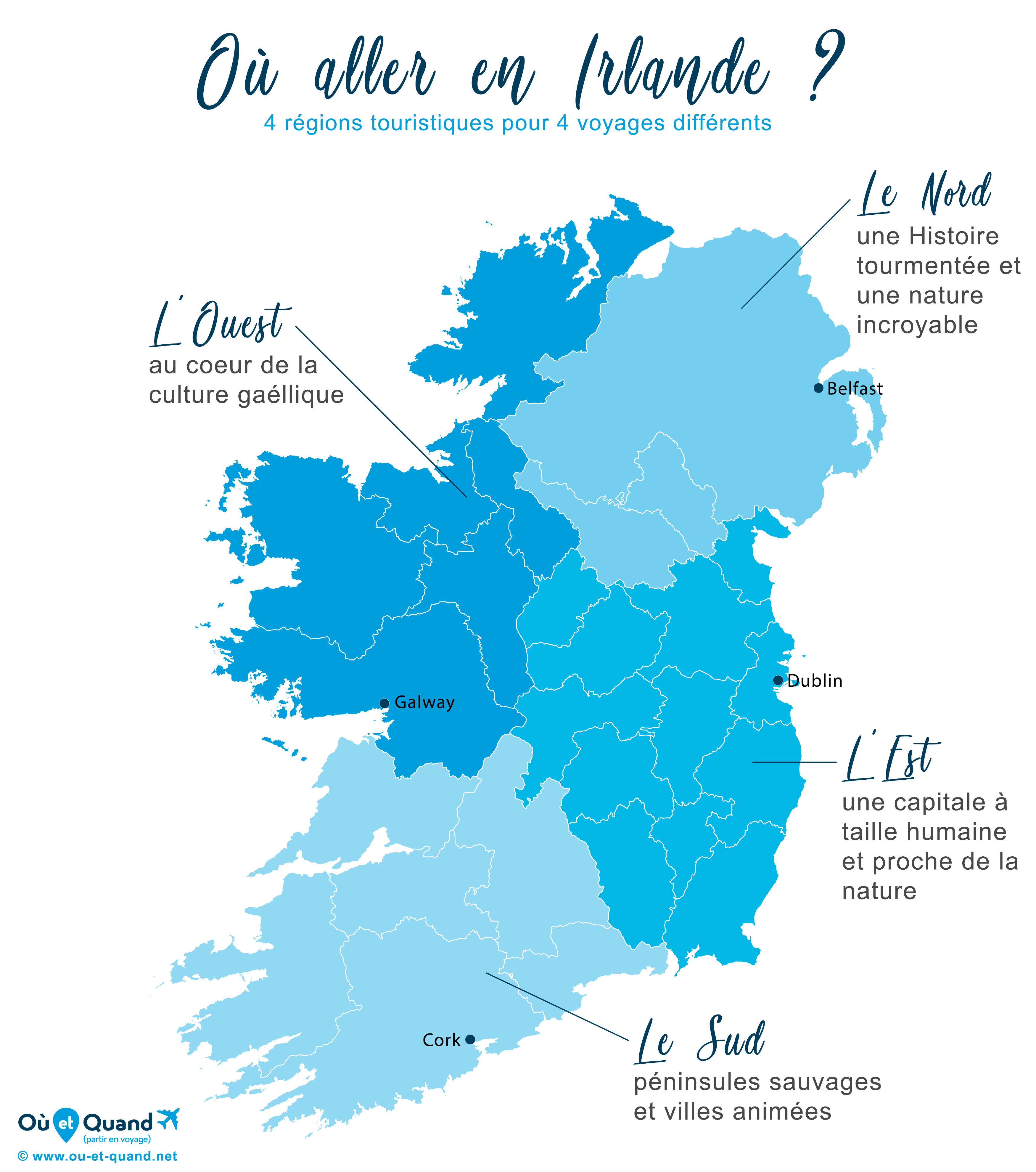 Carte des régions touristiques à visiter en Irlande