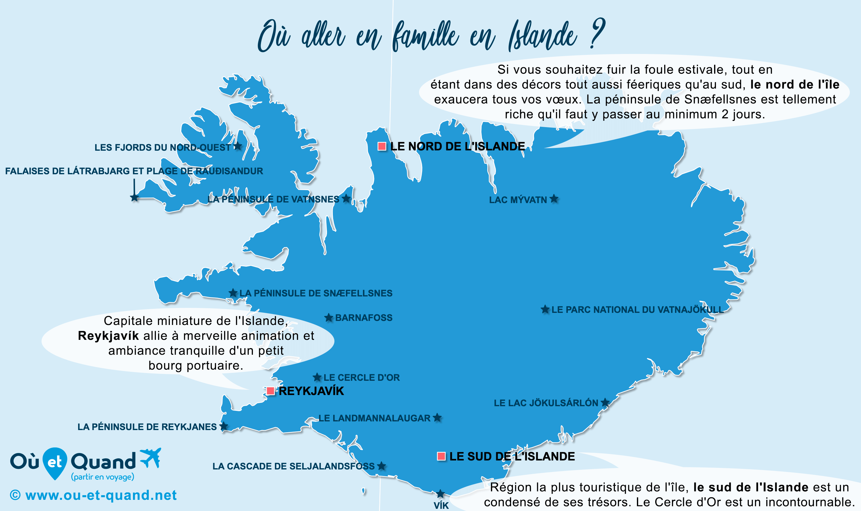 La carte des endroits en Islande où aller en vacances en famille